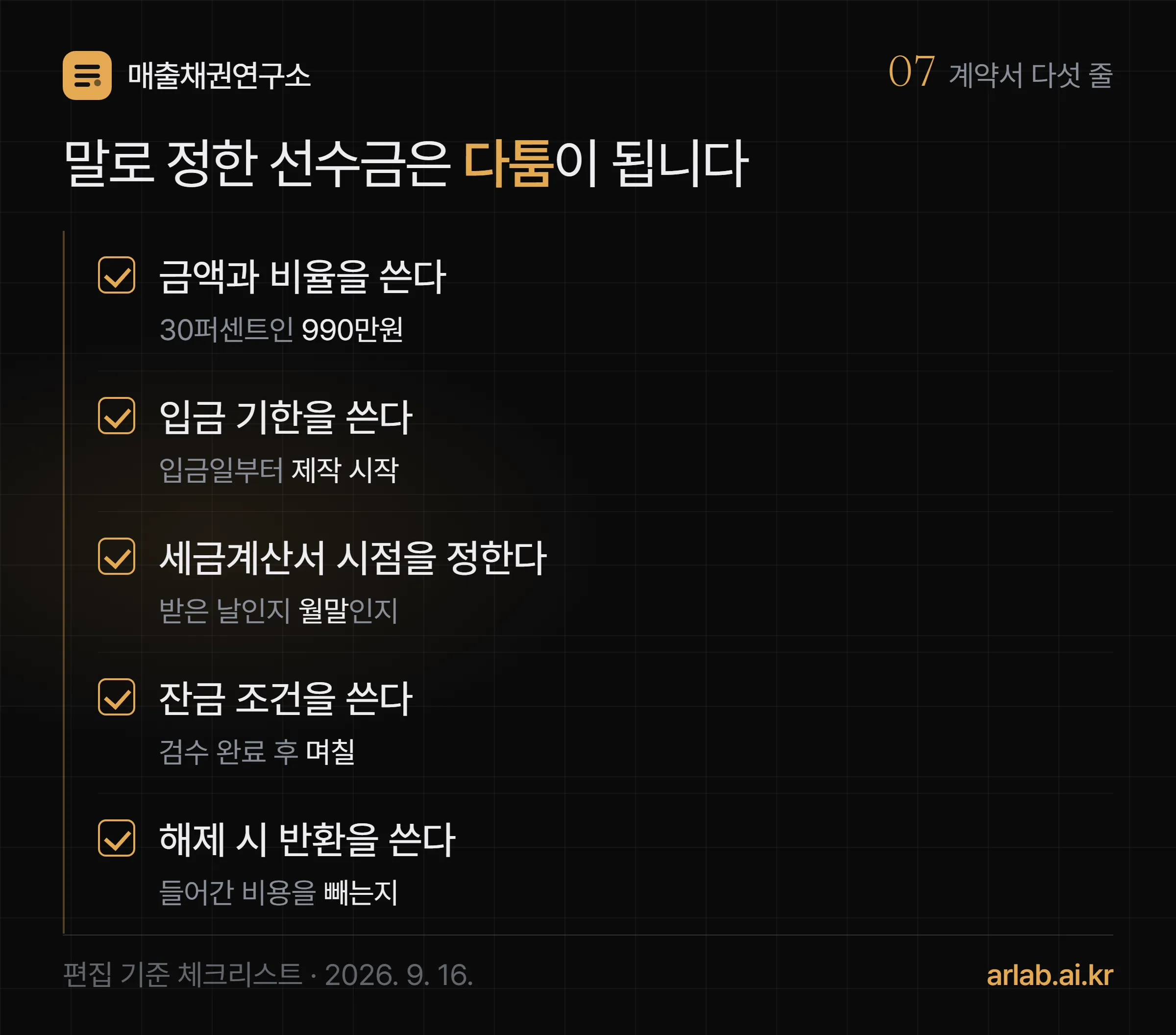 계약서에 적을 다섯 줄로 금액과 비율, 입금 기한, 세금계산서 시점, 잔금 조건, 계약 해제 시 반환을 순서대로 제시한 체크 도식