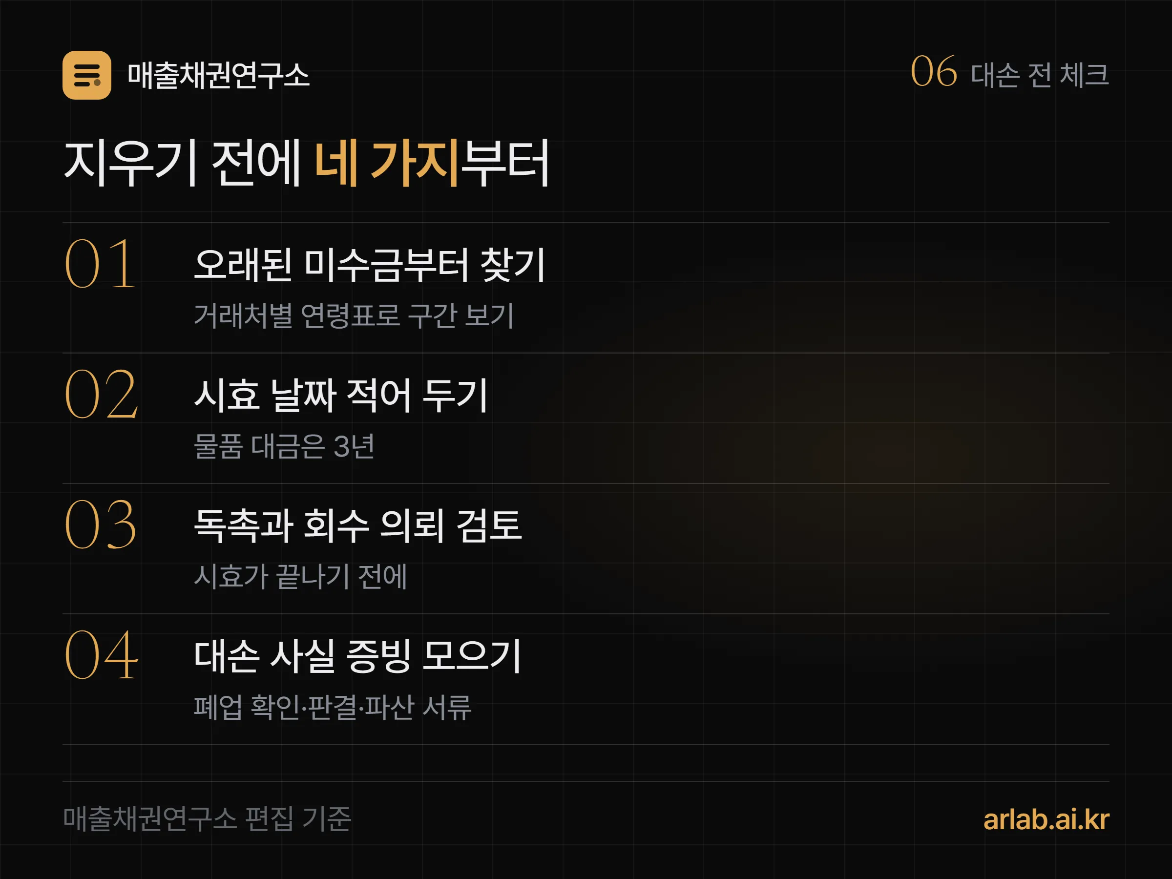 대손 전 체크리스트 네 줄 — 오래된 미수금부터 찾기, 시효 날짜 적어 두기, 독촉과 회수 의뢰 검토, 대손 사실 증빙 모으기