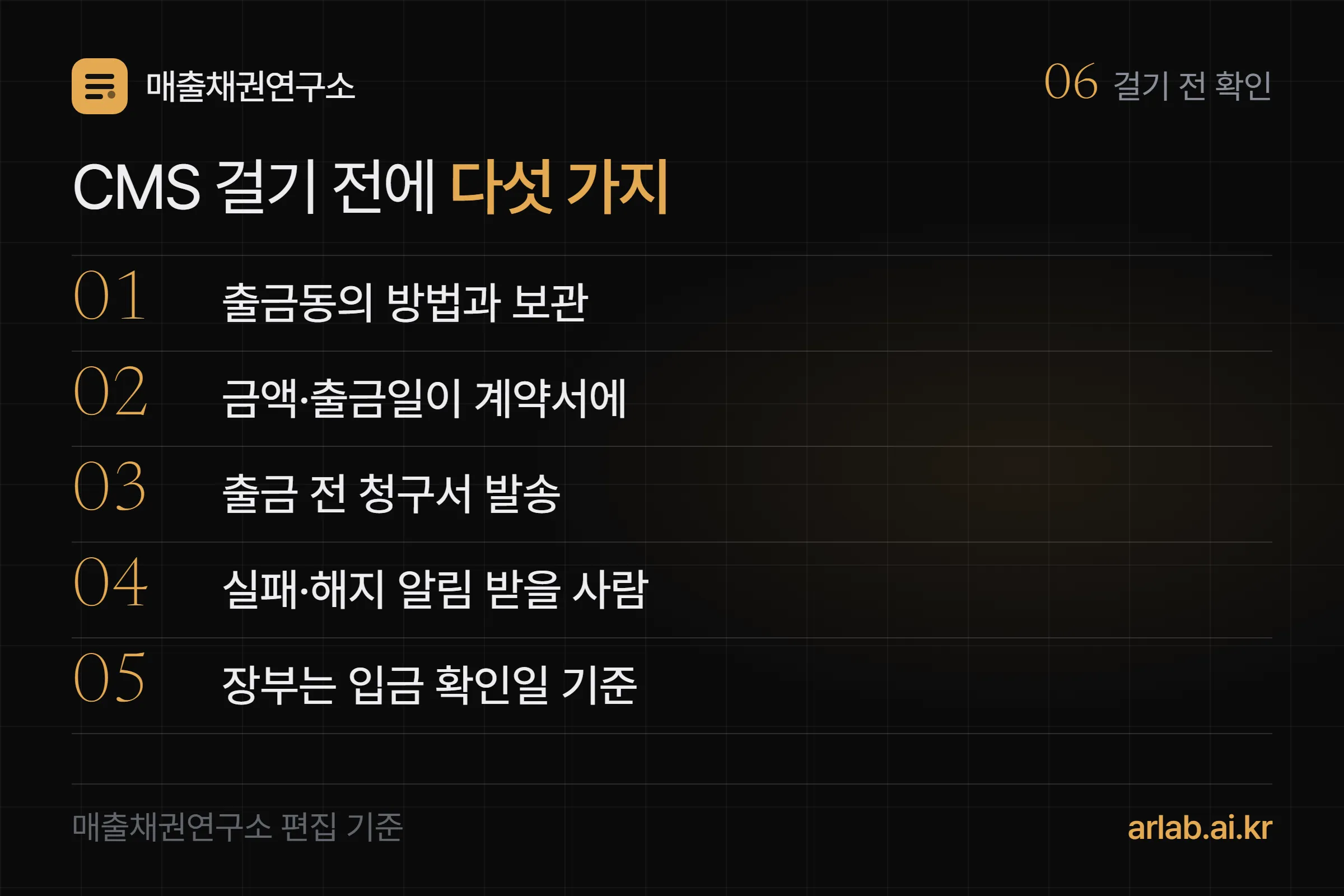 CMS 걸기 전 다섯 가지 — 출금동의 방법과 보관, 금액·출금일이 계약서에, 출금 전 청구서 발송, 실패·해지 알림 받을 사람, 장부는 입금 확인일 기준