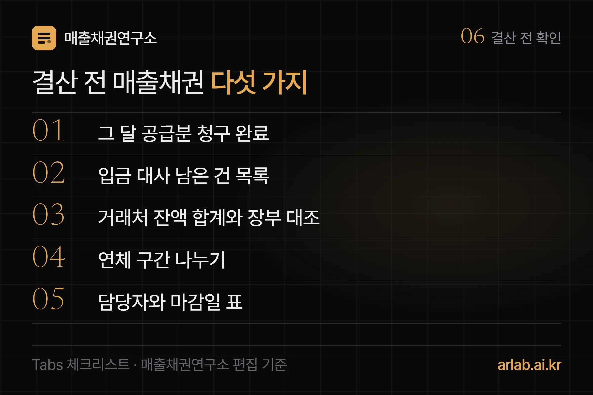 결산 전 매출채권 다섯 가지 — 그 달 공급분 청구 완료, 입금 대사 남은 건 목록, 거래처 잔액 합계와 장부 대조, 연체 구간 나누기, 담당자와 마감일 표