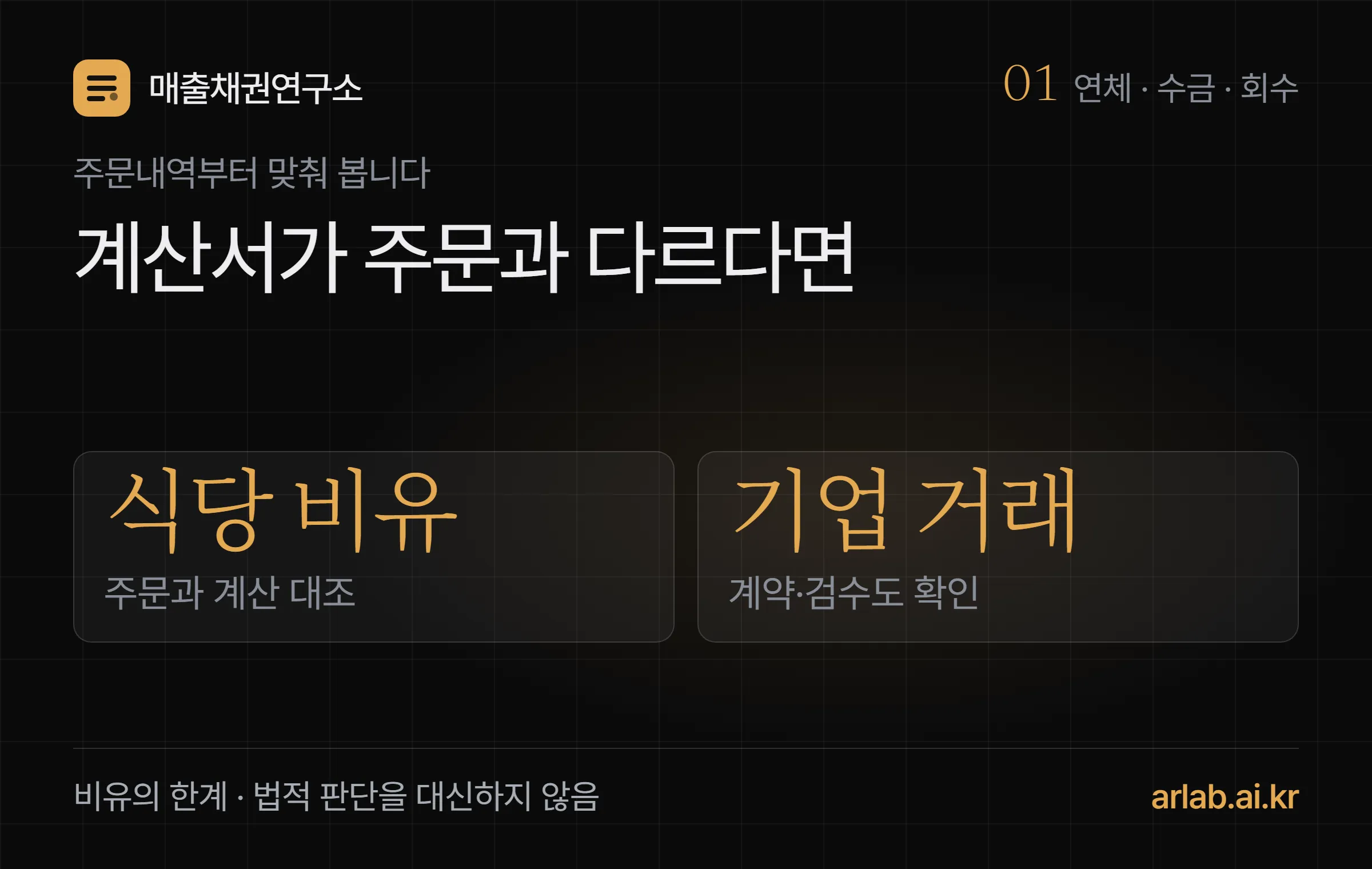 청구금액 이견은 주문내역과 계산서를 맞춰보는 일에 비유할 수 있으나 계약과 검수 조건도 확인해야 한다는 도식