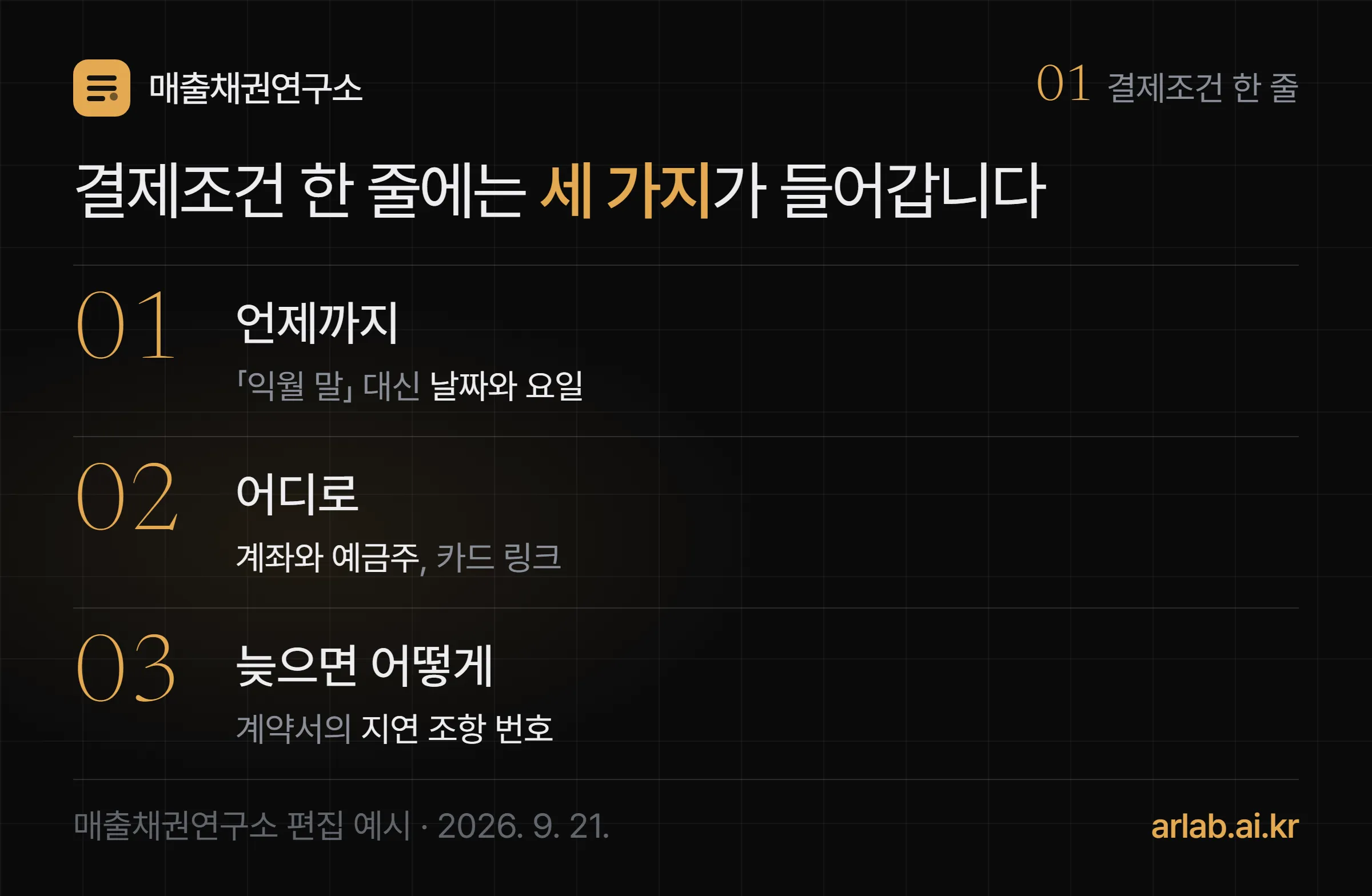 청구서 결제조건 한 줄에 들어갈 세 가지인 언제까지, 어디로, 늦으면 어떻게를 번호 목록으로 정리한 개념도