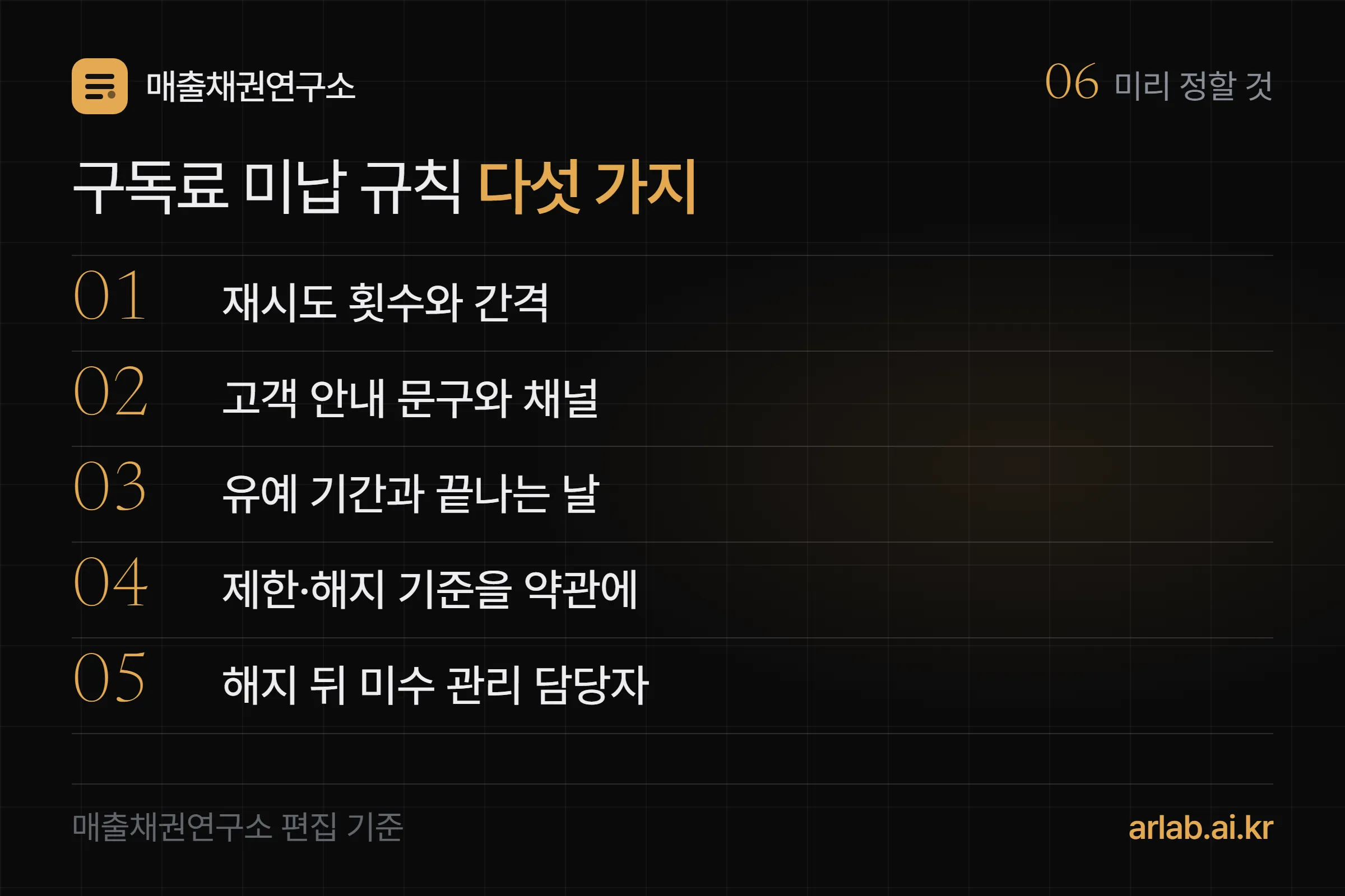 구독료 미납 규칙 다섯 가지 — 재시도 횟수와 간격, 고객 안내 문구와 채널, 유예 기간과 끝나는 날, 제한·해지 기준을 약관에, 해지 뒤 미수 관리 담당자