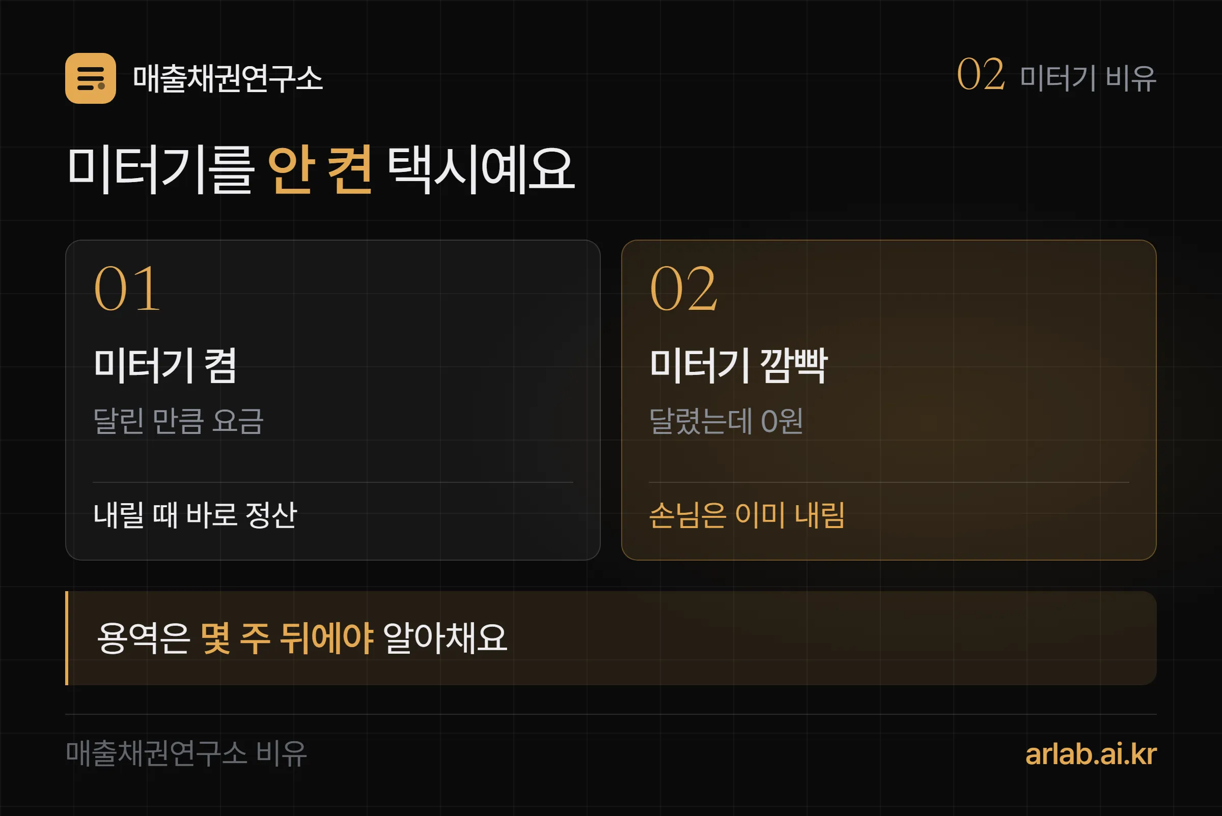 미터기 비유 — 미터기를 켜면 달린 만큼 요금이 찍히고, 깜빡하면 달렸는데 0원이고 손님은 이미 내렸다